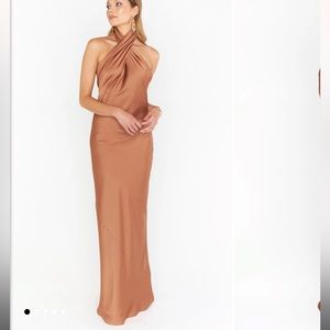 Show Me Your Mumu Jasmine Halter Maxi Dress in Copper Luxe Satin